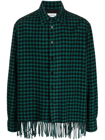 Lanvin Check-pattern Fringed Wool Shirt In Green