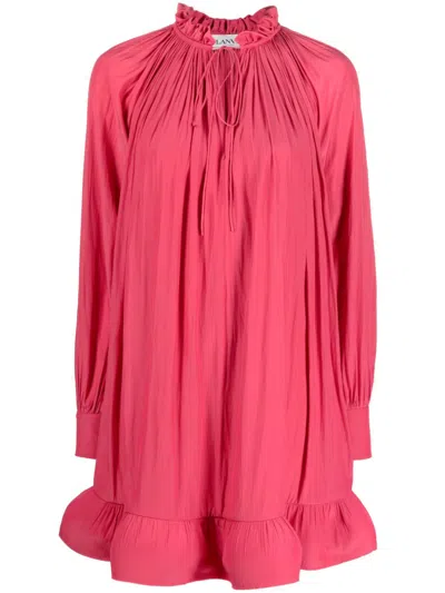 Lanvin Fuchsia Ruffle Charmeuse Mini Dress With High Neck And Tie Front