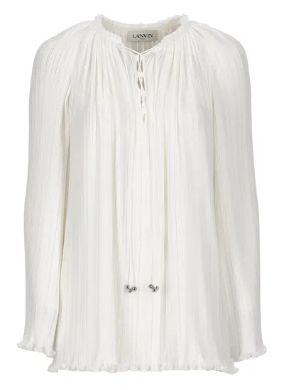 Lanvin Gathered Crewneck Long-sleeved Blouse In White