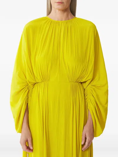 Lanvin Draped Gathered Long-sleeve Crew-neck Midi Dress In Yellow