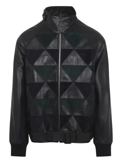 Lanvin Leather Blouson Geometric Pattern Belted Waist In Black