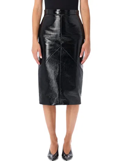 Lanvin Glossy Vinyl Midi Skirt With Geometric Cutouts And Rear Slit In Black