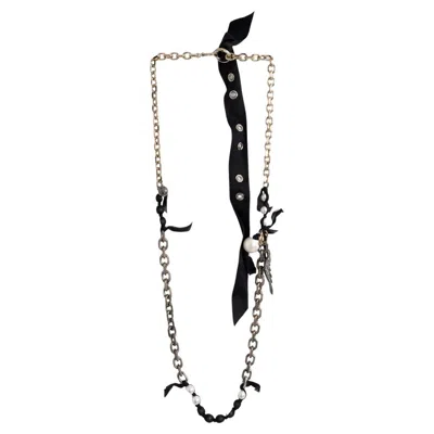 Pre-owned Lanvin Gold & Silver Crystal Wing & Pearl Chain Necklace In Multi