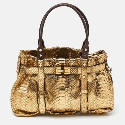 Pre-owned Lanvin Gold Laminated Python Kentucky Tote