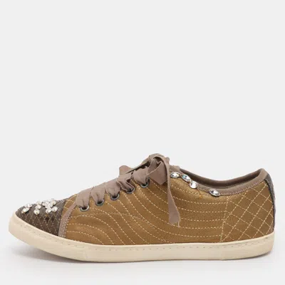 Lanvin Gold Quilted Leather Crystal Embellished Low Top Sneakers In Multi