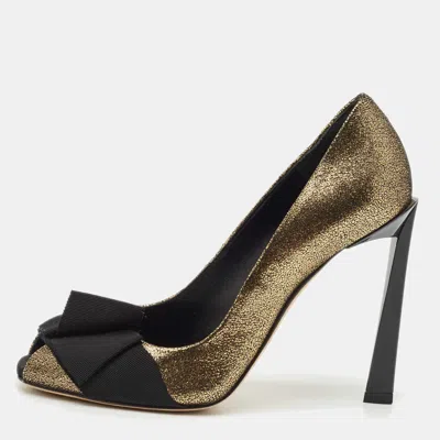 Lanvin Gold/black Fabric And Leather Bow Peep Toe Pumps