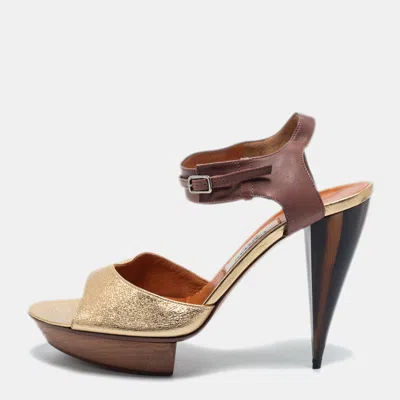Pre-owned Lanvin Gold/brown Leather Ankle Strap Sandals Size 40