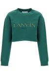 LANVIN GREEN CROPPED SWEATSHIRT WITH EMBROIDERED LOGO PATCH FOR WOMEN