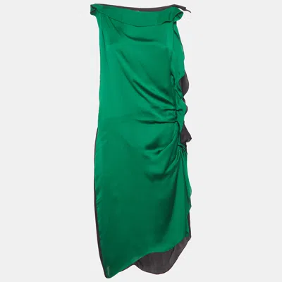 Pre-owned Lanvin Green/black Silk Ruffle Midi Dress L