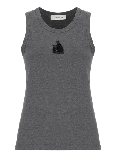 Lanvin Grey Beaded Embroidered Cotton Tank Top In Gray