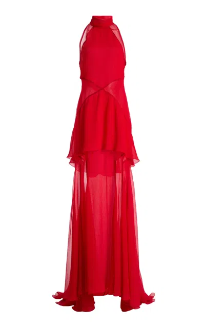 Lanvin Halterneck Panel Silk Maxi Dress In Red