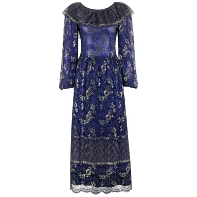 Pre-owned Lanvin Haute Couture C.1970s Periwinkle Gold Floral Lace Overlay Maxi Dress In Blue