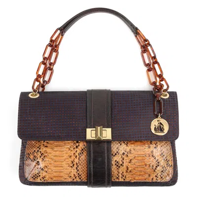 Pre-owned Lanvin "hero" Navy Blue & Brown Checkered Silk Satin Python Detail Handbag Purse