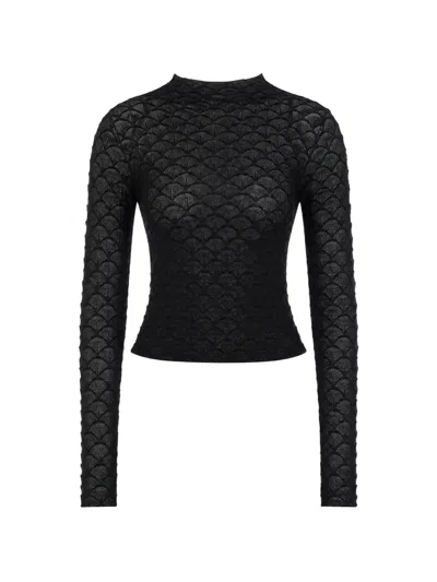 Lanvin Textured Sheer Knit Mock Neck Top In Black