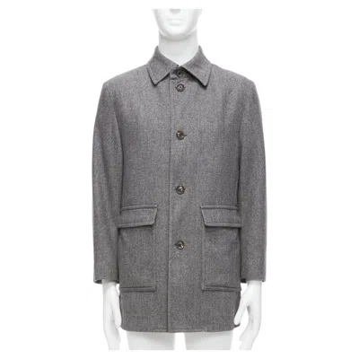 Pre-owned Lanvin Jl Grey Wool Blend Herringbone Dual Pocketed Overcoat It46 S In Gray