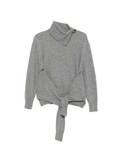 Lanvin Knotted-sleeve Button-neck Sweater In Gray