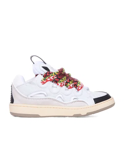Lanvin Curb Leather Sneakers With Multicolor Laces In Neutral