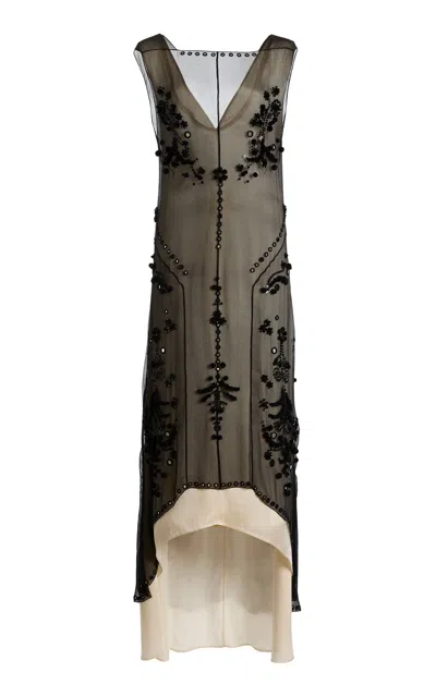 Lanvin Layered Embroidered Silk-blend Maxi Dress In Black