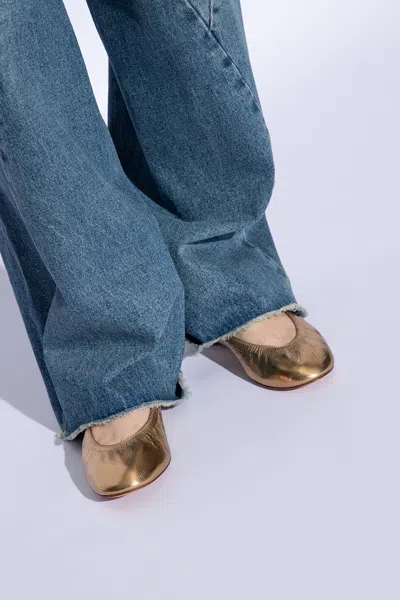 Lanvin Ruched Detail Metallic Ballerina Shoes In Golden
