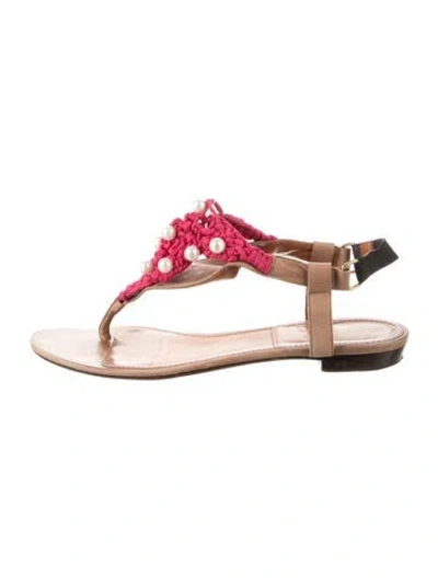 Pre-owned Lanvin Leather Beaded Accents T-strap Sandals In Brown
