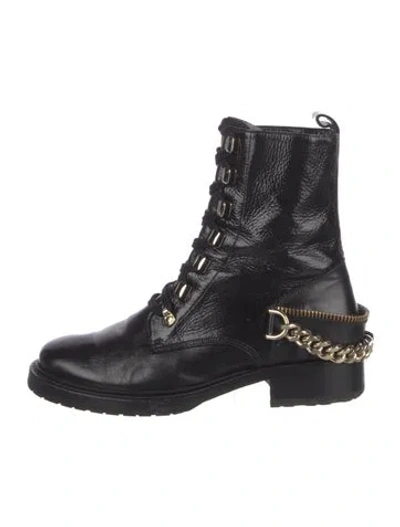 Pre-owned Lanvin Leather Chain-link Accents Combat Boots In Black
