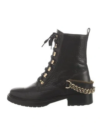 Pre-owned Lanvin Leather Chain-link Accents Combat Boots In Black