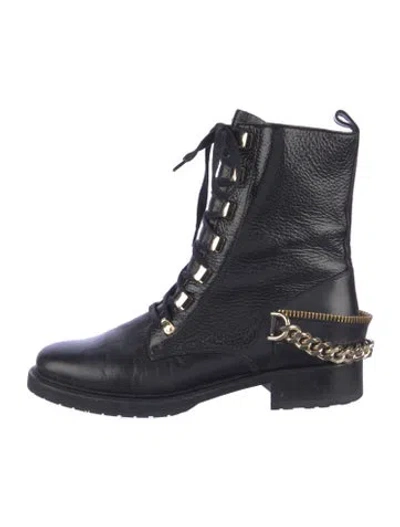 Pre-owned Lanvin Leather Chain-link Accents Combat Boots In Blue