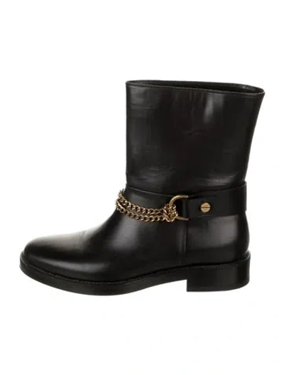 Pre-owned Lanvin Leather Chain-link Accents Moto Boots In Black