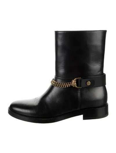 Pre-owned Lanvin Leather Chain-link Accents Moto Boots In Black