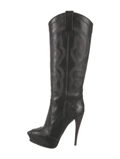 Pre-owned Lanvin Leather Embroidered Accent Boots In Black