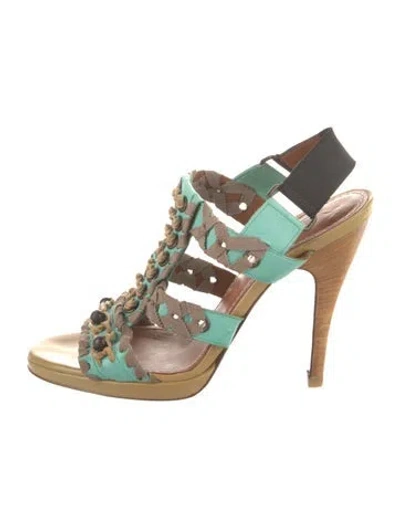 Pre-owned Lanvin Leather Grosgrain Trim Slingback Sandals In Green
