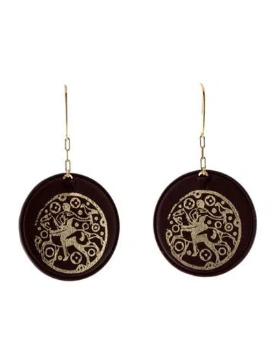 Pre-owned Lanvin Leather Printed Drop Earrings W/ Tags In Burgundy