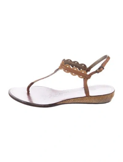 Pre-owned Lanvin Leather Scalloped Accent T-strap Sandals In Brown