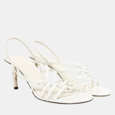 Pre-owned Lanvin Leather Sequence Strappy 75mm Sandal In Beige With Silver Stud Size 36