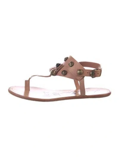 Pre-owned Lanvin Leather Studded Accents T-strap Sandals In Neutral