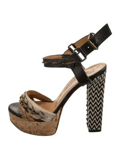 Pre-owned Lanvin Leather Tweed Pattern Sandals In Black