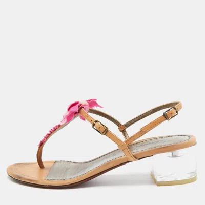 Lanvin Light Brown/pink Leather And Fabric Bow Thong Ankle Strap Sandals In Multi