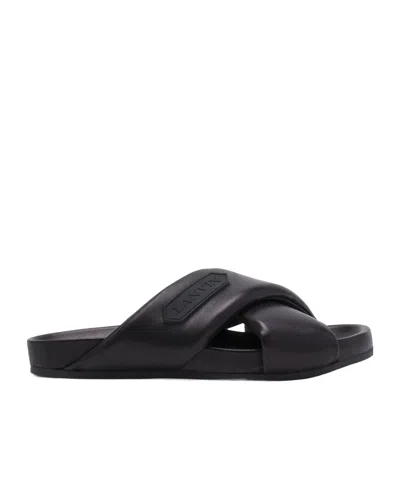 Lanvin Logo-appliqué Crossover Leather Slides In Black