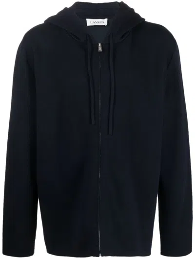 Lanvin Logo-embroidered Knit Wool-blend Hoodie In Blue