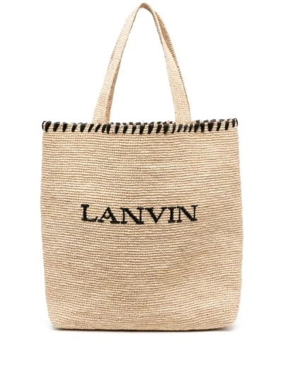 Lanvin Logo-embroidered Raffia Tote Bag In Brown