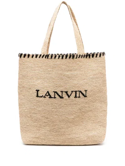 Lanvin Logo-embroidered Raffia Tote Bag In Neutrals
