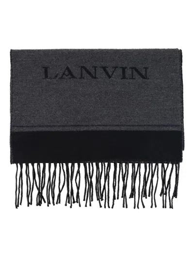 Lanvin Logo Fringed Scarf In Gray