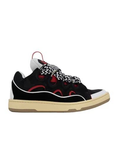 Lanvin Ssense Exclusive Black Leather Curb Sneakers In Black/red