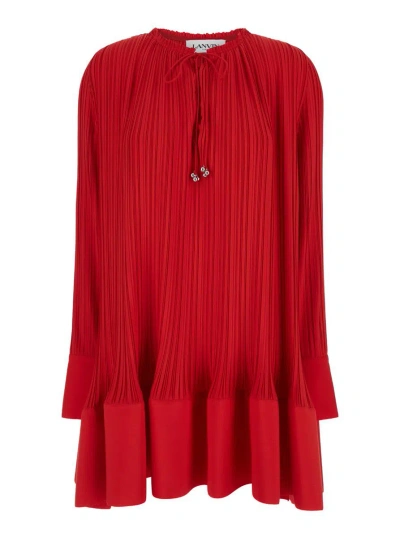 Lanvin Long Sleeve Flare Pleated Dress In Red