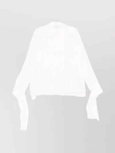 LANVIN LONG SLEEVE PLEATED SHEER TOP WITH TIE