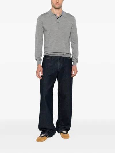Lanvin Long-sleeve Polo Shirt In Gray
