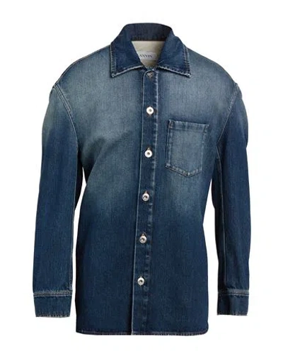Lanvin Man Denim Shirt Blue Size M Cotton, Calfskin
