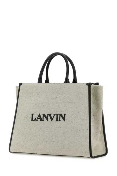 Lanvin Melange Grey Cotton Blend Medium In & Out Shopping Bag In Beigeblack