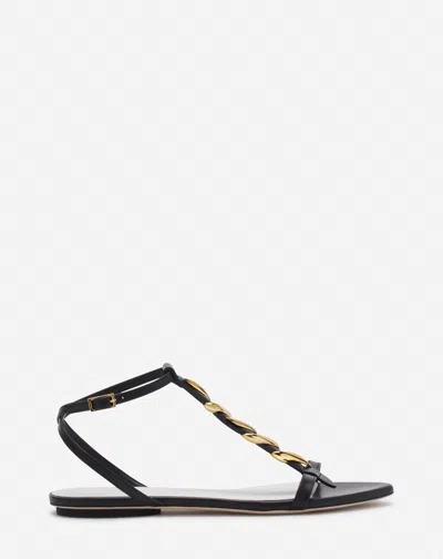 Lanvin Melodie Ribbon Flat Leather Sandals For Women In Black