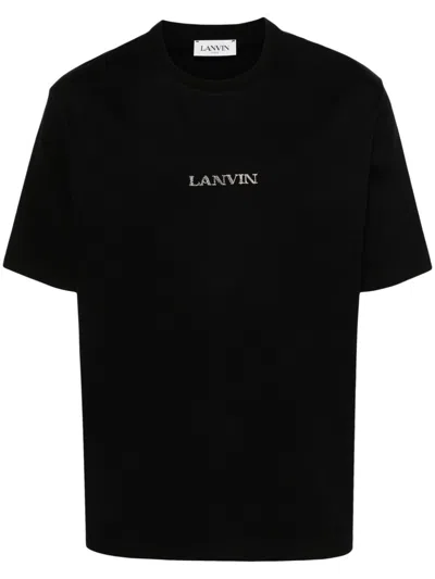 Lanvin Men's Black Cotton T-shirt With Embroidered Logo And Ribbed Texture
